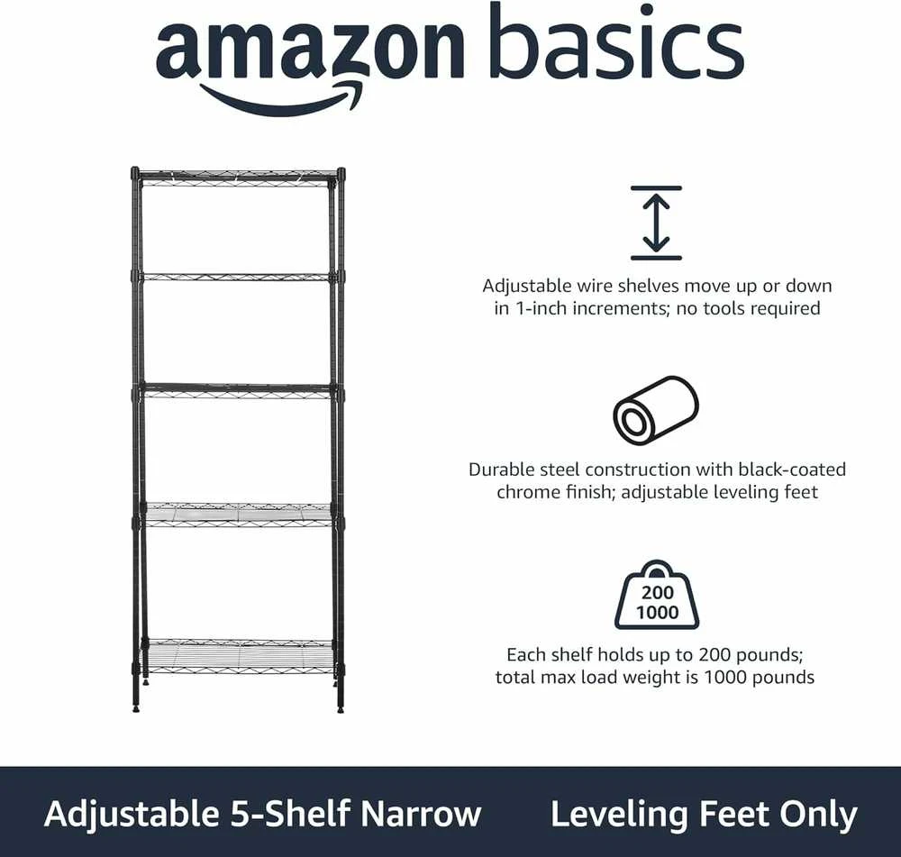 Amazon Basics siaura metalinė lentyna su 5 reguliuojamo aukščio lentynomis, 60,1 x 35,6 x 152,4 cm, be ratukų