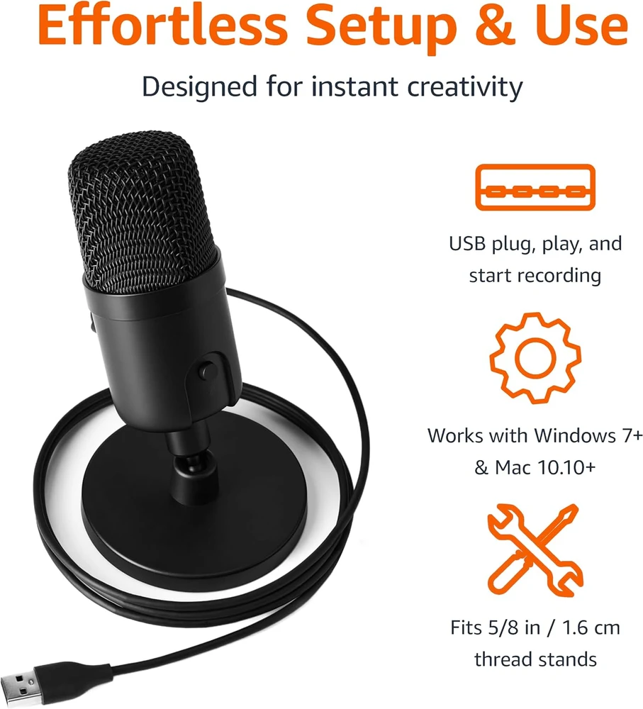 Amazon Basics USB kondensatorinis kardioidinis mikrofonas su 14 mm diafragma, AMZ-S6524A