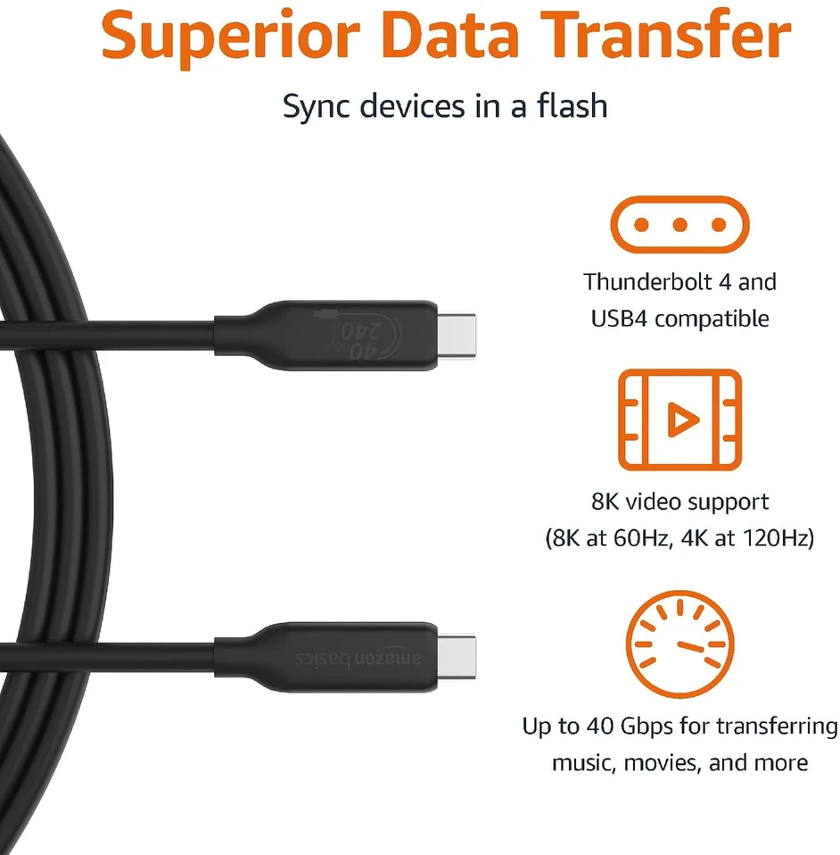 Amazon Basics USB4 USB-C–USB-C laidas, 1 m, 240 W, 40 Gb/s, 8K, U4-CC-5A1M-E