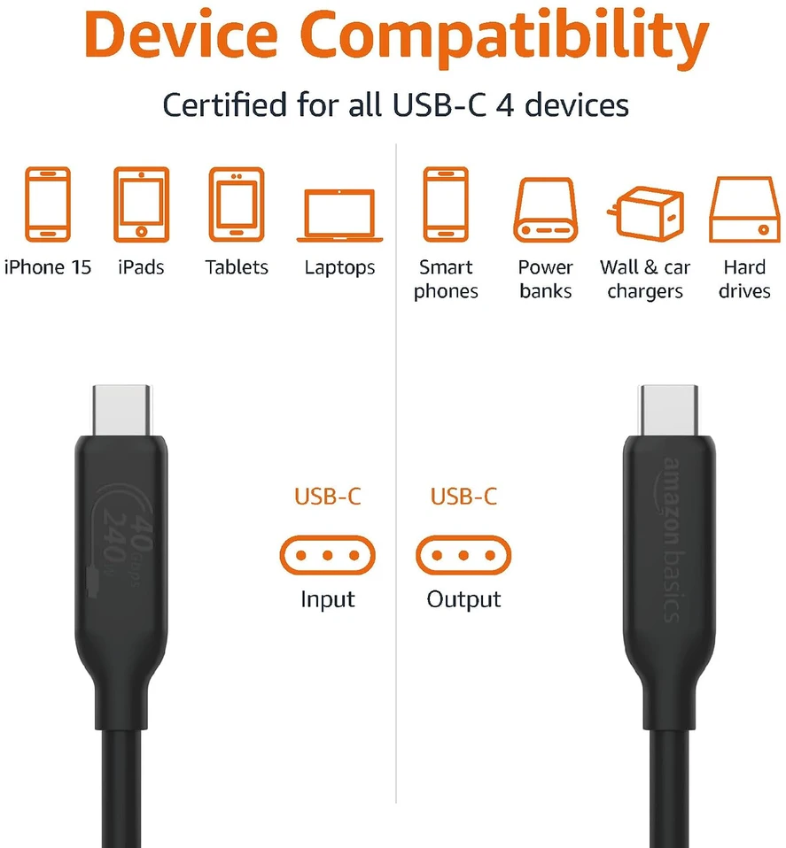 Amazon Basics USB4 USB-C–USB-C laidas, 1 m, 240 W, 40 Gb/s, 8K, U4-CC-5A1M-E