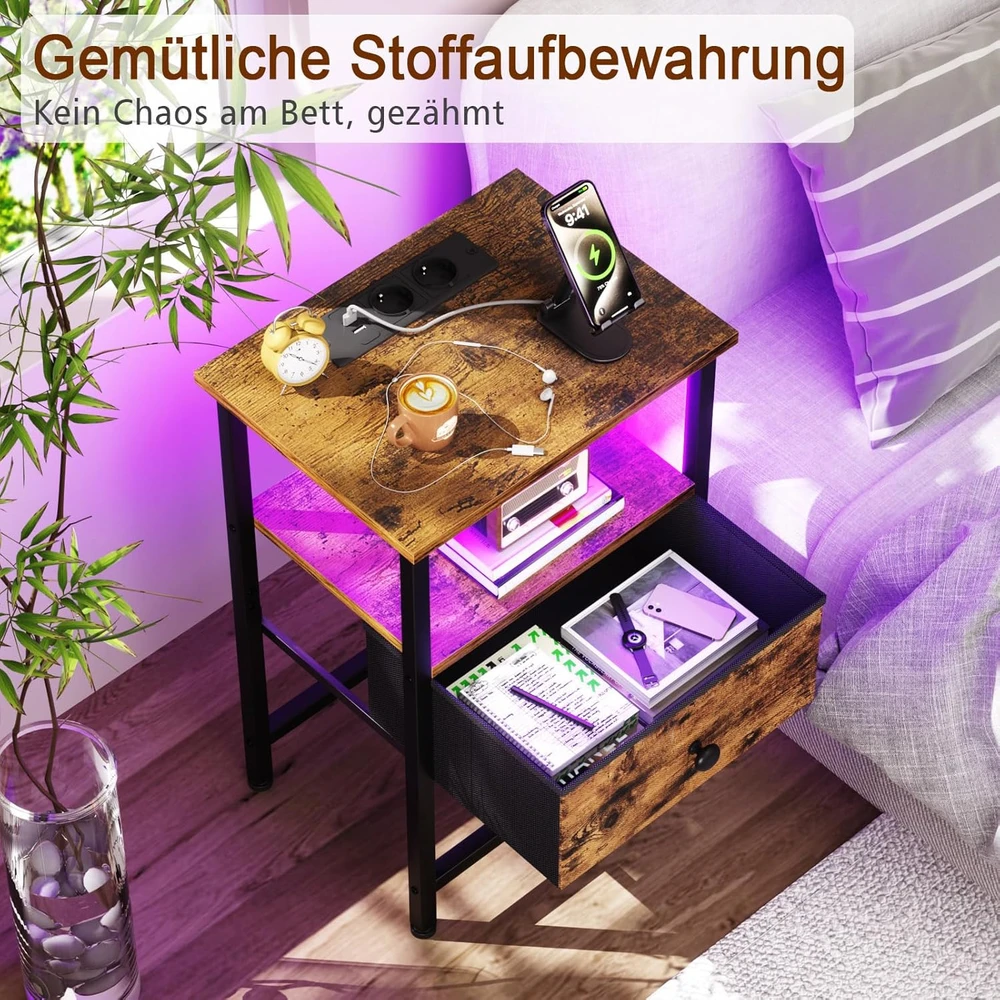 AMHANCIBLE naktinis staliukas su LED apšvietimu, USB įkrovimu, stalčiumi, 30x40x60 cm, EHETS01BR-1