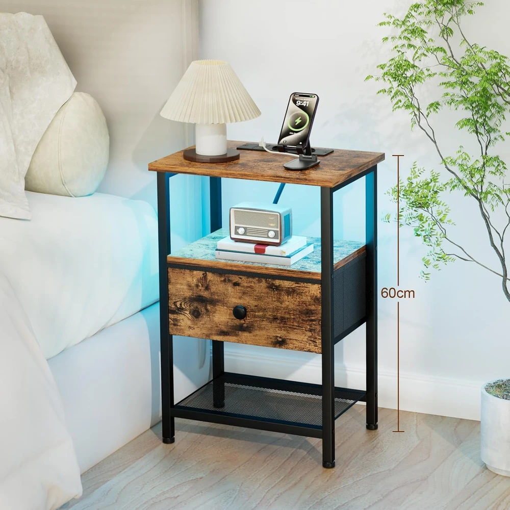 AMHANCIBLE naktinis staliukas su LED apšvietimu, USB įkrovimu, stalčiumi, 30x40x60 cm, EHETS01BR-1
