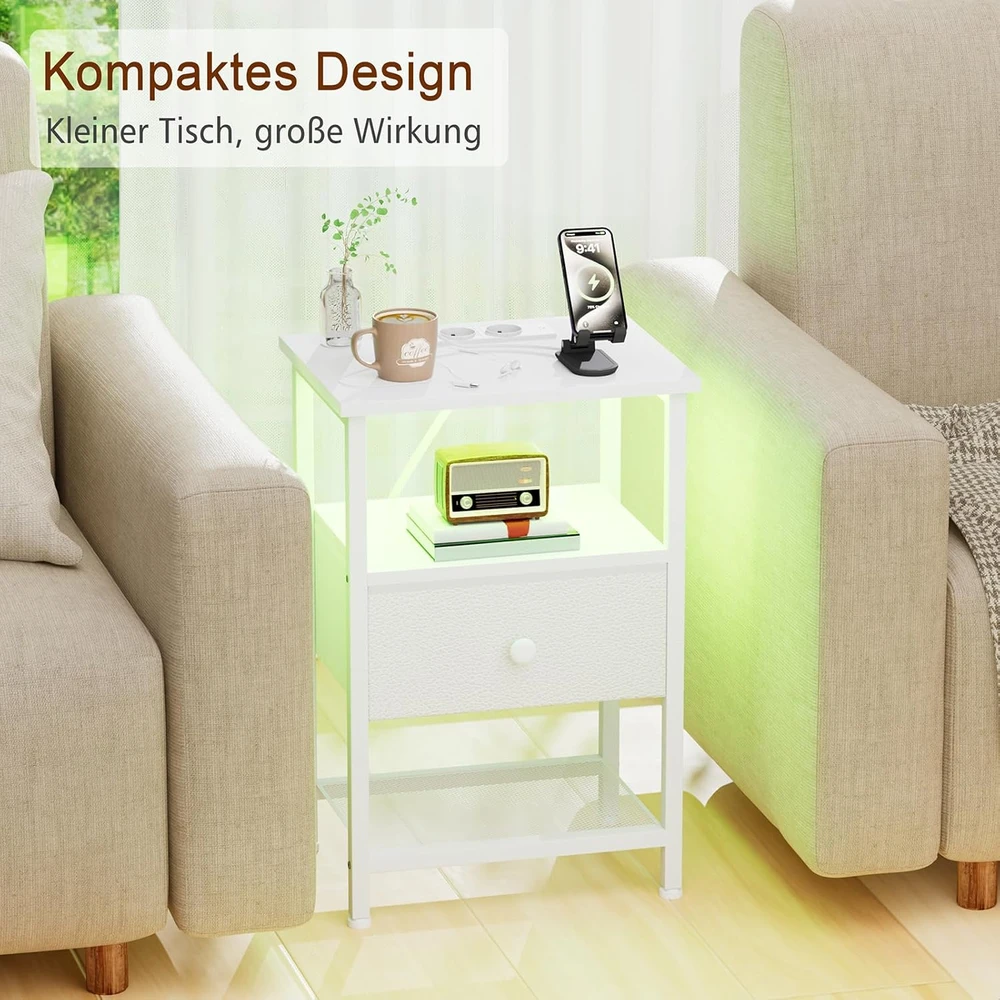 AMHANCIBLE naktinis staliukas su LED apšvietimu, USB krovimo stotelė, medžiaginė stalčiaus konstrukcija, 30 x 40 x 60 cm, EHETS01WT-1