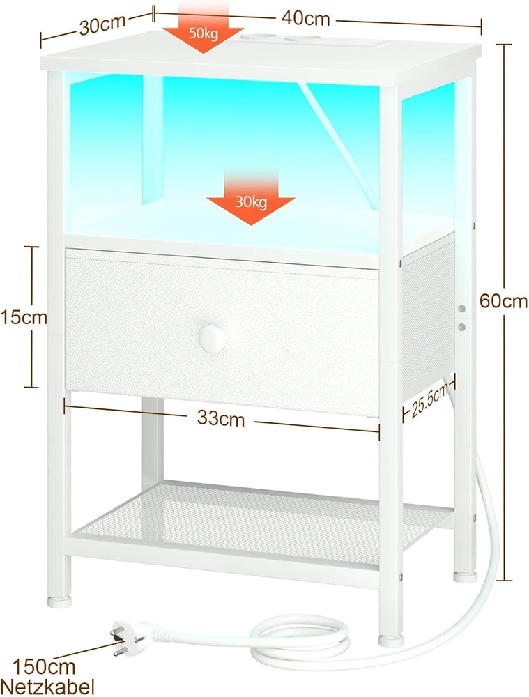 AMHANCIBLE naktinis staliukas su LED apšvietimu, USB krovimo stotelė, medžiaginė stalčiaus konstrukcija, 30 x 40 x 60 cm, EHETS01WT-1