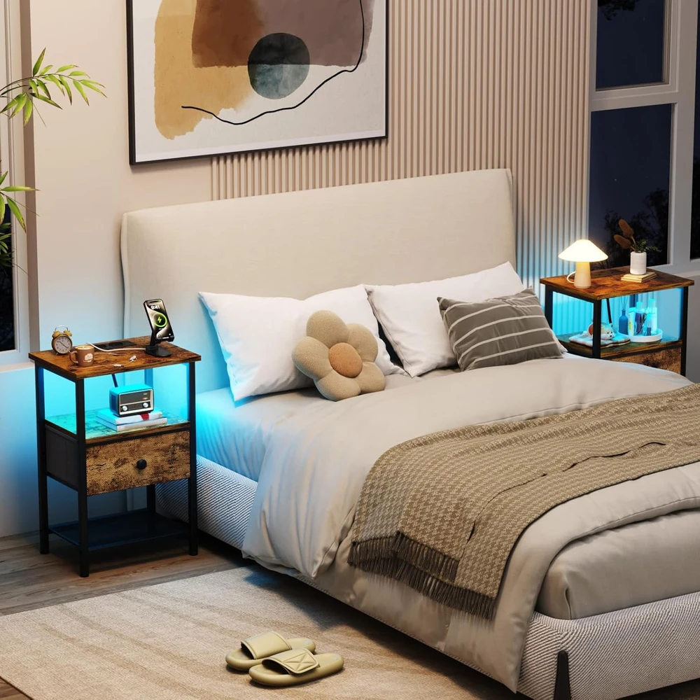 AMHANCIBLE naktinis staliukas su LED apšvietimu, USB įkrovimu, stalčiumi, 30x40x60 cm, EHETS01BR-1