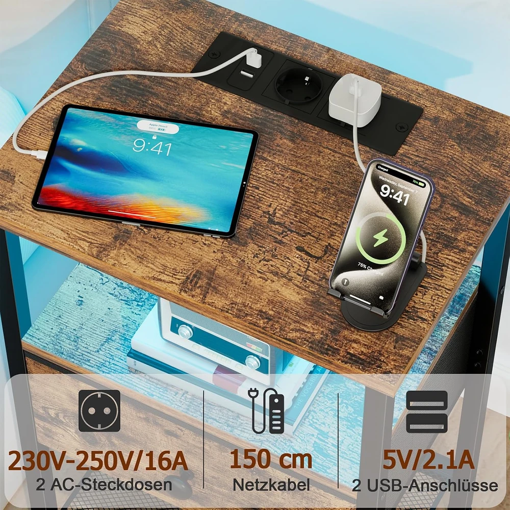 AMHANCIBLE naktinis staliukas su LED apšvietimu, USB įkrovimu, stalčiumi, 30x40x60 cm, EHETS01BR-1