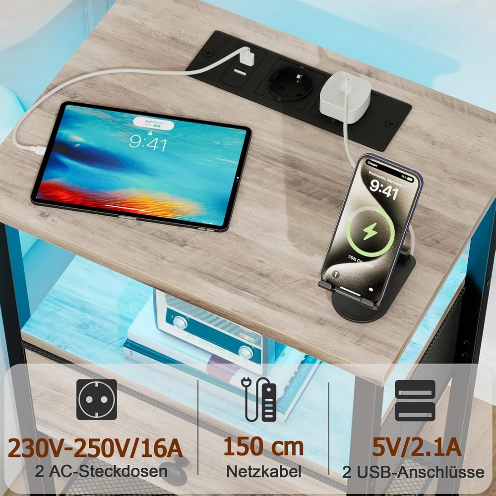 AMHANCIBLE naktinis staliukas su LED apšvietimu, USB įkrovimu, medžiaginėmis stalčiais, pilkas EHETS01GY-1