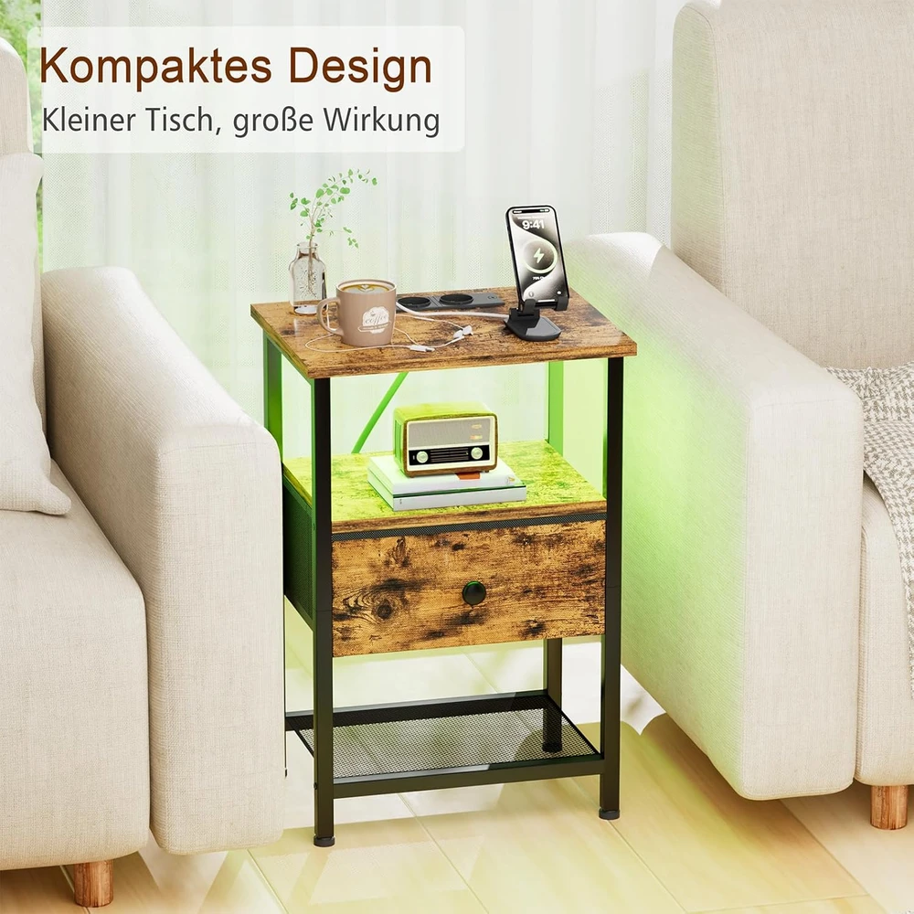 AMHANCIBLE naktinis staliukas su LED apšvietimu, USB įkrovimu, stalčiumi, 30x40x60 cm, EHETS01BR-1