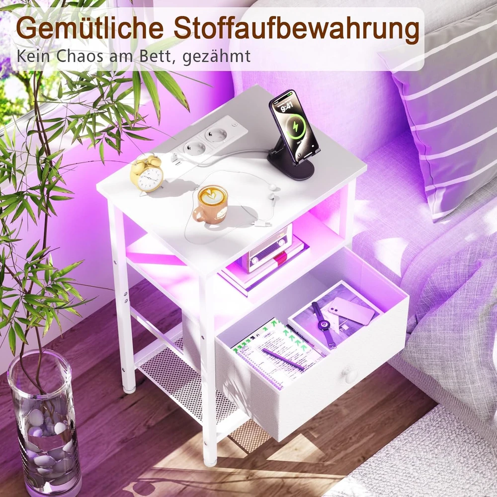 AMHANCIBLE naktinis staliukas su LED apšvietimu, USB krovimo stotelė, medžiaginė stalčiaus konstrukcija, 30 x 40 x 60 cm, EHETS01WT-1