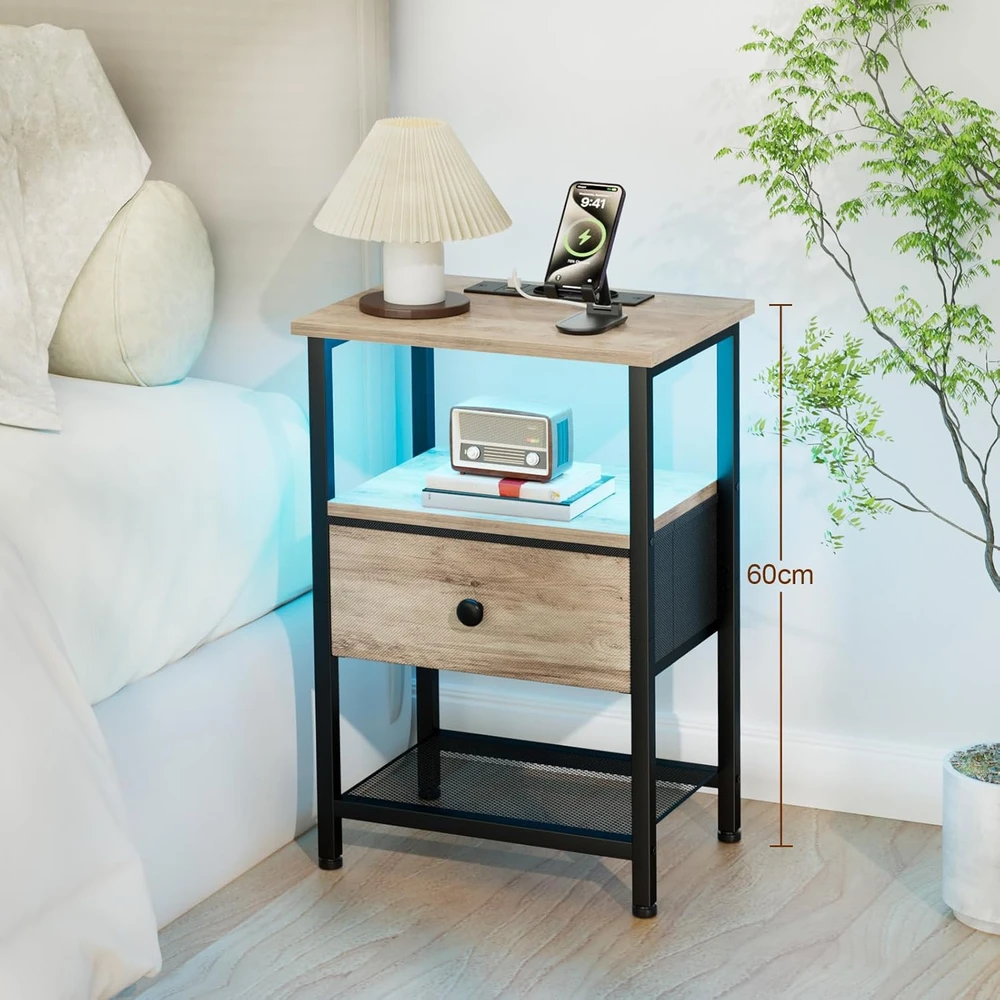 AMHANCIBLE naktinis staliukas su LED apšvietimu, USB įkrovimu, medžiaginėmis stalčiais, pilkas EHETS01GY-1