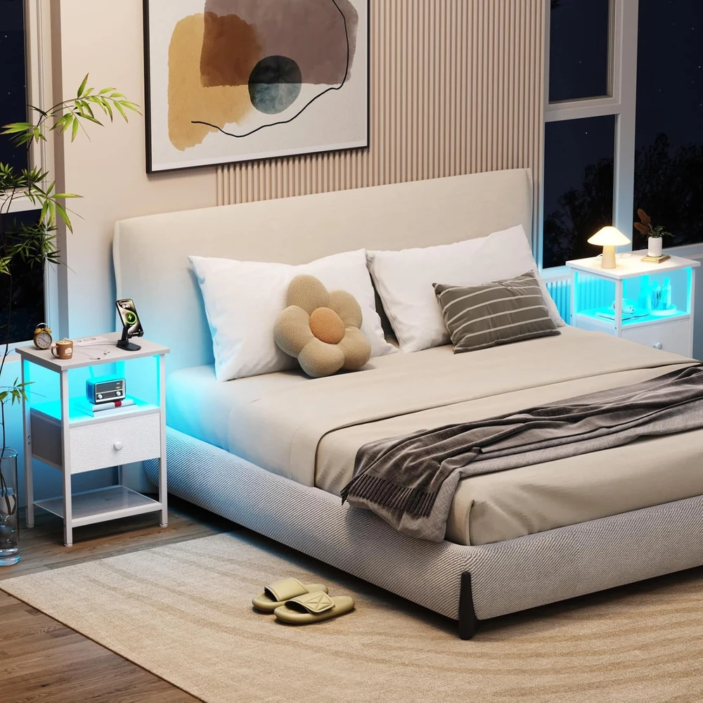 AMHANCIBLE naktinis staliukas su LED apšvietimu, USB krovimo stotelė, medžiaginė stalčiaus konstrukcija, 30 x 40 x 60 cm, EHETS01WT-1
