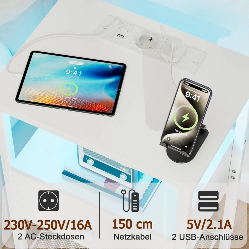AMHANCIBLE naktinis staliukas su LED apšvietimu, USB krovimo stotelė, medžiaginė stalčiaus konstrukcija, 30 x 40 x 60 cm, EHETS01WT-1