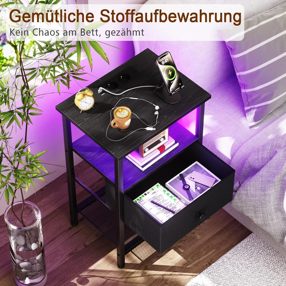 AMHANCIBLE naktinis staliukas su LED, USB ir elektros lizdais, tekstilinė stalčius, juodas, EHETS01BK-1