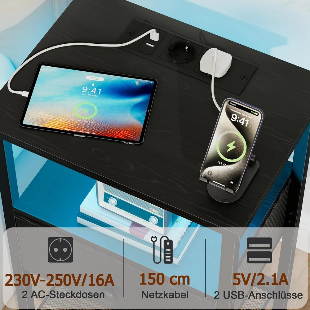 AMHANCIBLE naktinis staliukas su LED, USB ir elektros lizdais, tekstilinė stalčius, juodas, EHETS01BK-1