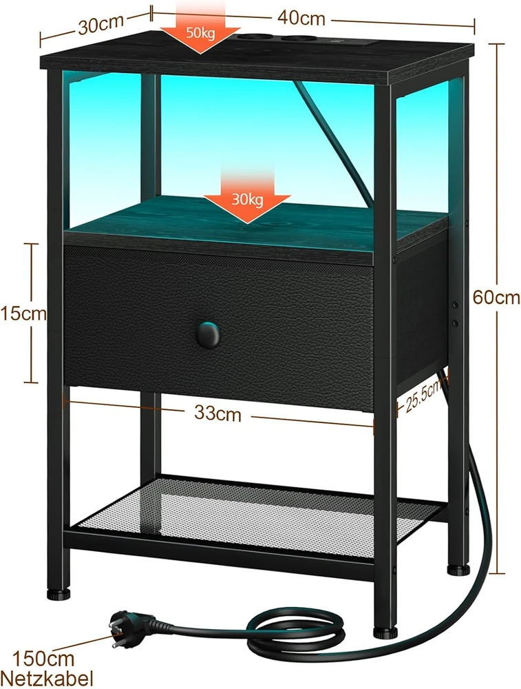 AMHANCIBLE naktinis staliukas su LED, USB ir elektros lizdais, tekstilinė stalčius, juodas, EHETS01BK-1