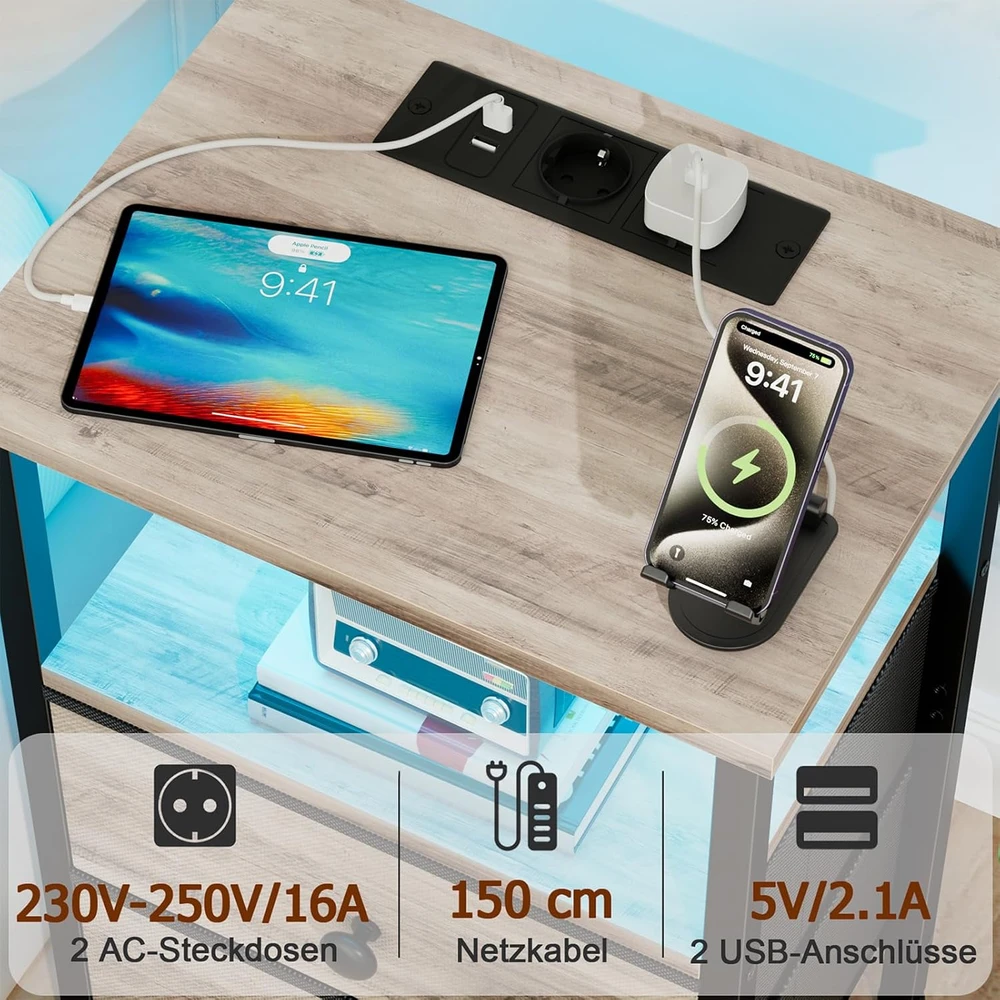AMHANCIBLE naktinių staliukų rinkinys su LED apšvietimu, USB krovimo stotele ir 2 stalčiais, pilkas EHETS02GY
