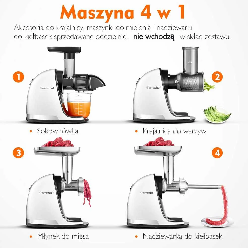 AMZCHEF lėtaeigė sulčiaspaudė, 150 W, nerūdijantis plienas, balta, ZM1501