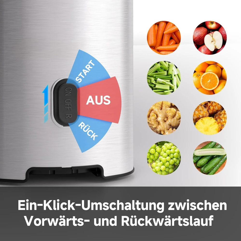 AMZCHEF lėtaeigė sulčiaspaudė, 180 W, 120 mm įkrovos anga, nerūdijančio plieno korpusas