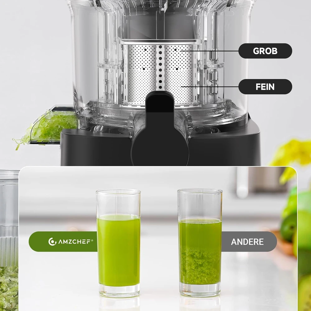 AMZCHEF lėtaeigė sulčiaspaudė, 180 W, 120 mm įkrovos anga, nerūdijančio plieno korpusas