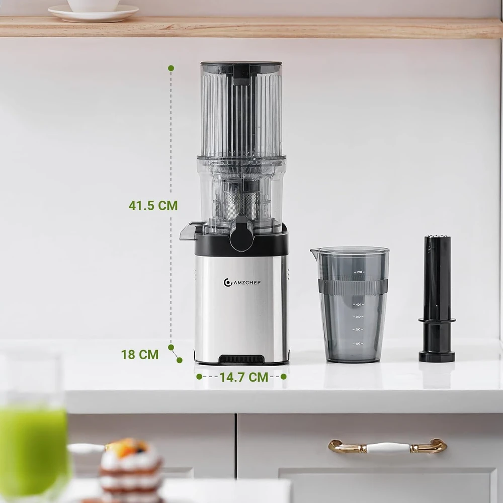 AMZCHEF lėtaeigė sulčiaspaudė, 180 W, 120 mm įkrovos anga, nerūdijančio plieno korpusas