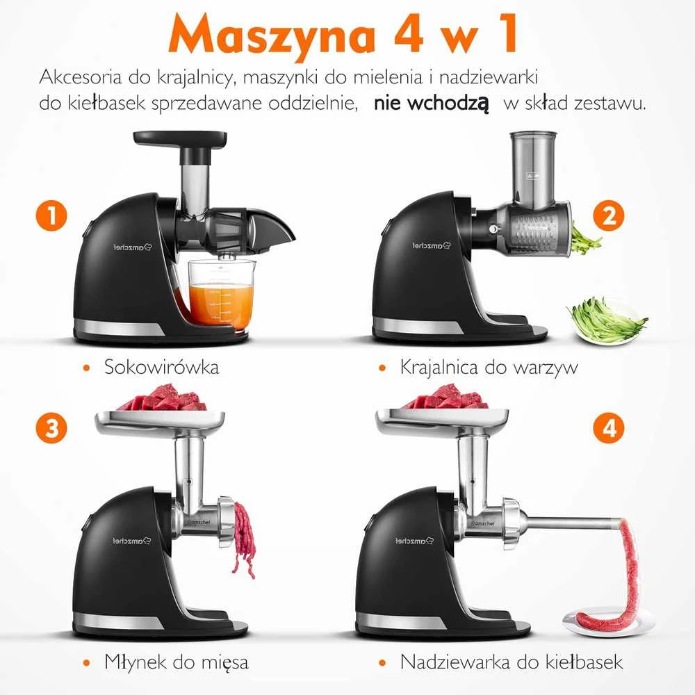 AMZCHEF lėtaeigė sulčiaspaudė, 240 W, nerūdijančio plieno korpusas, juoda matinė, ZM1501