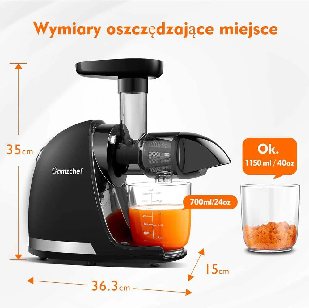 AMZCHEF lėtaeigė sulčiaspaudė, 240 W, nerūdijančio plieno korpusas, juoda matinė, ZM1501