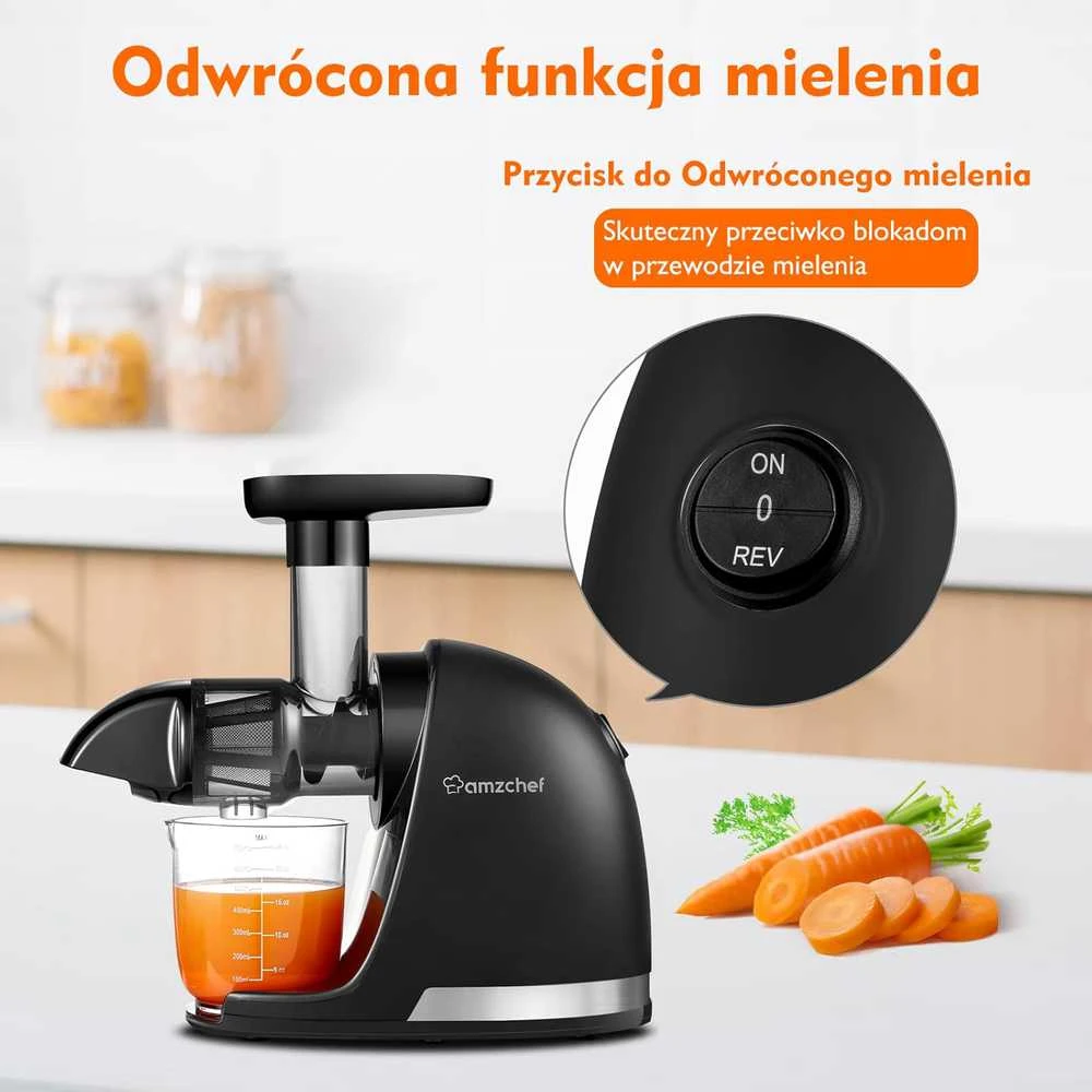 AMZCHEF lėtaeigė sulčiaspaudė, 240 W, nerūdijančio plieno korpusas, juoda matinė, ZM1501