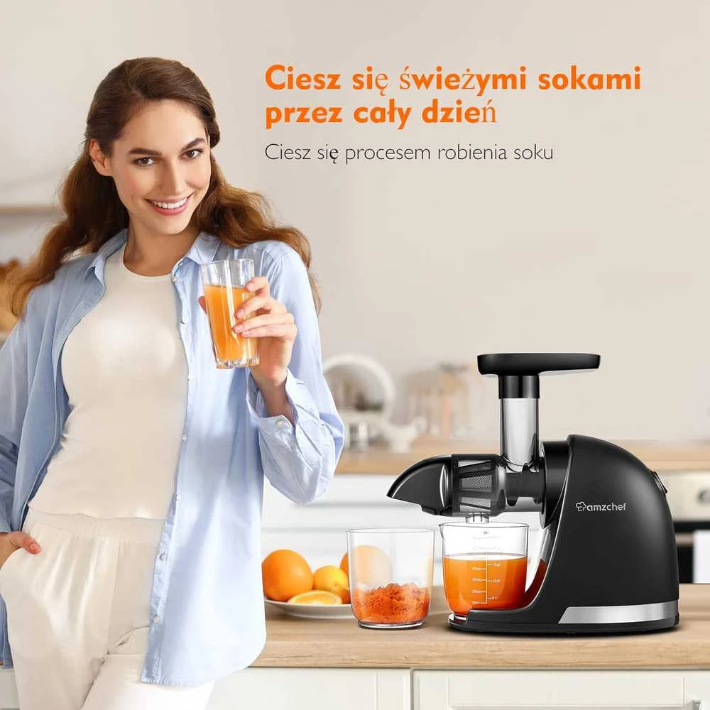 AMZCHEF lėtaeigė sulčiaspaudė, 240 W, nerūdijančio plieno korpusas, juoda matinė, ZM1501