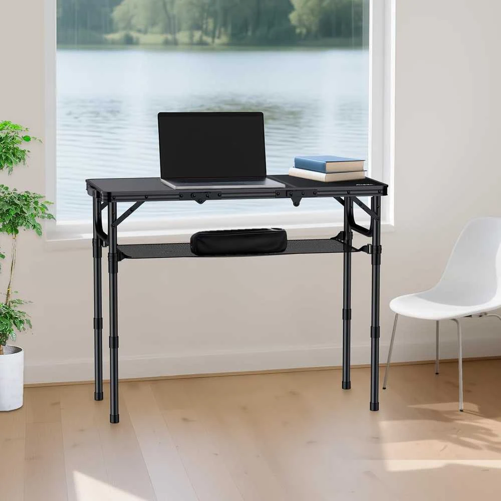 Anbte sulankstomas kempingo stalas su aliuminio rėmu, 88 × 40 cm, 3 reguliuojami aukščiai, su laikymo tinkleliu
