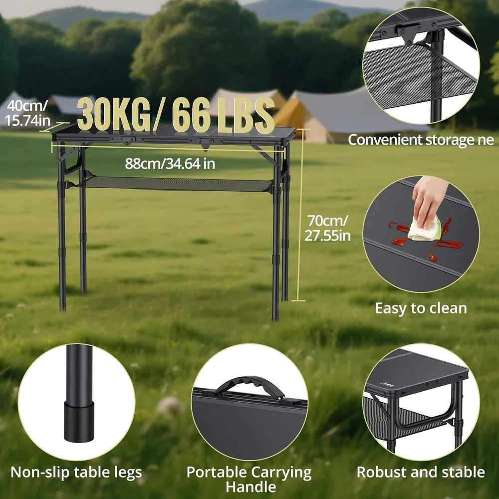 Anbte sulankstomas kempingo stalas su aliuminio rėmu, 88 × 40 cm, 3 reguliuojami aukščiai, su laikymo tinkleliu
