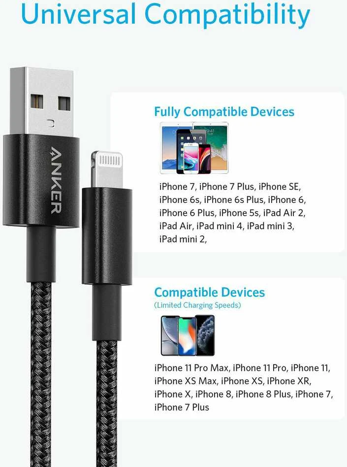 Anker 1,8 m Lightning įkrovimo kabelis iPhone telefonams, 2 vnt., juodas