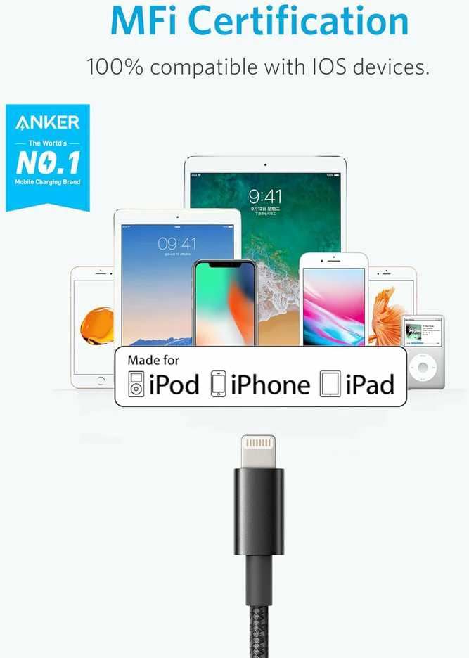 Anker 1,8 m Lightning įkrovimo kabelis iPhone telefonams, 2 vnt., juodas