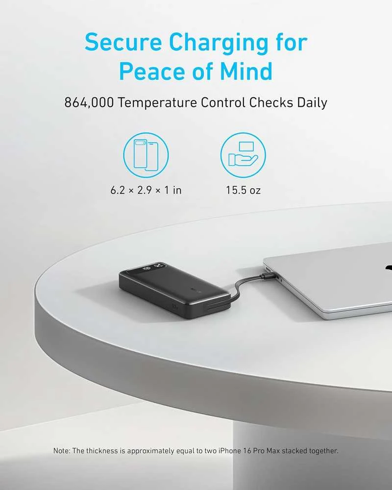 Anker 20 000 mAh 87 W nešiojamas power bank su USB‑C laidu, juodas
