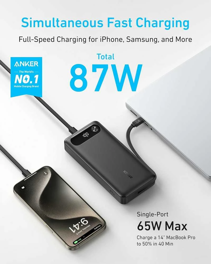 Anker 20 000 mAh 87 W nešiojamas power bank su USB‑C laidu, juodas