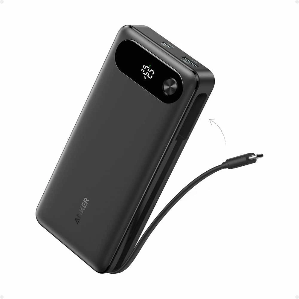 Anker 20000 mAh 87 W powerbankas su integruotu USB-C kabeliu, 2x USB-C ir USB-A, baltas