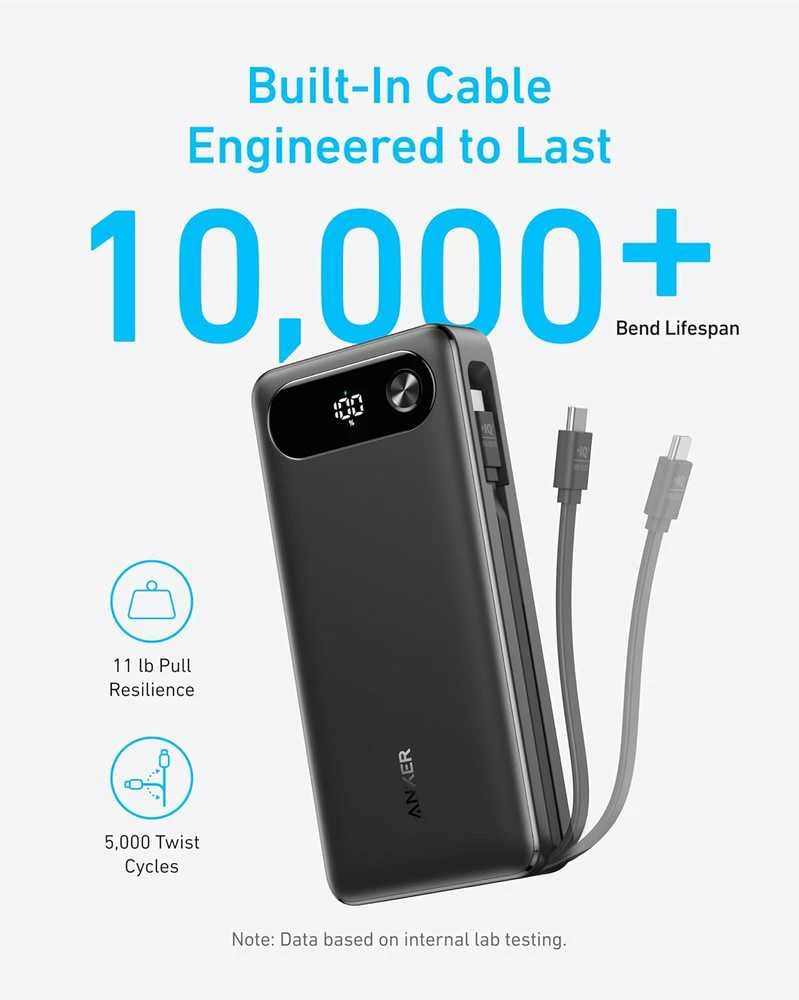 Anker 20000 mAh 87 W powerbankas su integruotu USB-C kabeliu, 2x USB-C ir USB-A, baltas
