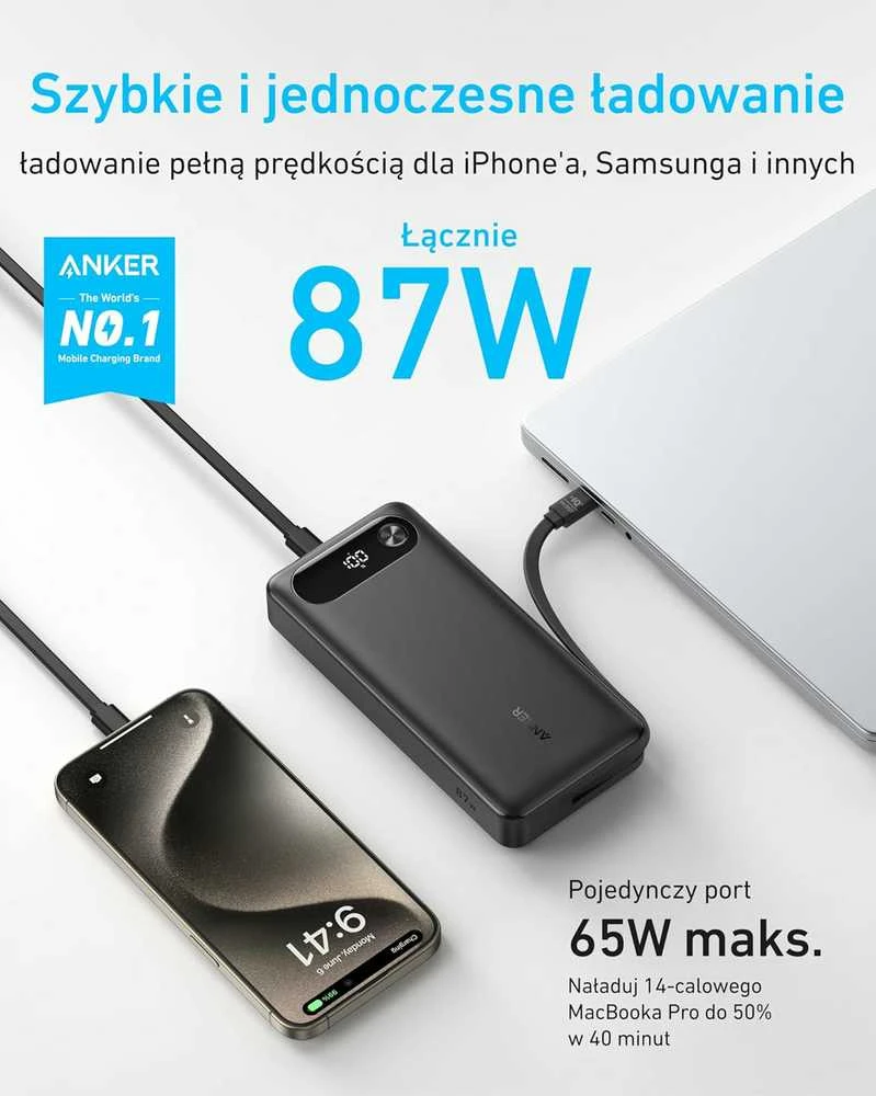Anker 20000 mAh 87 W powerbankas su integruotu USB-C kabeliu, 2x USB-C ir USB-A, baltas