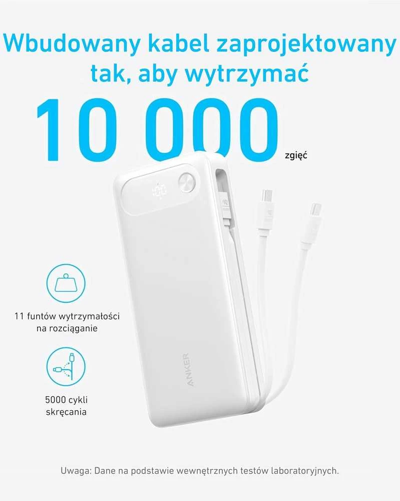 Anker 20000 mAh 87 W powerbankas su integruotu USB-C kabeliu, 2x USB-C ir USB-A, baltas
