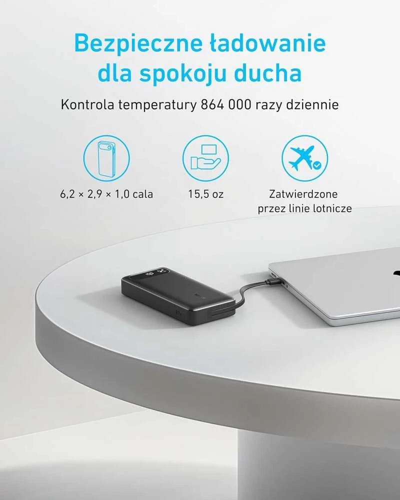 Anker 20000 mAh 87 W powerbankas su integruotu USB-C kabeliu, 2x USB-C ir USB-A, baltas