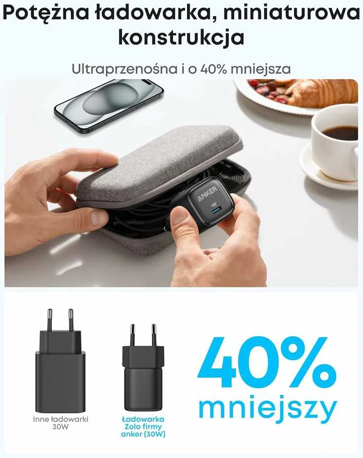Anker 30 W GaN USB-C sieninis įkroviklis su 0,9 m USB-C laidu, juodas