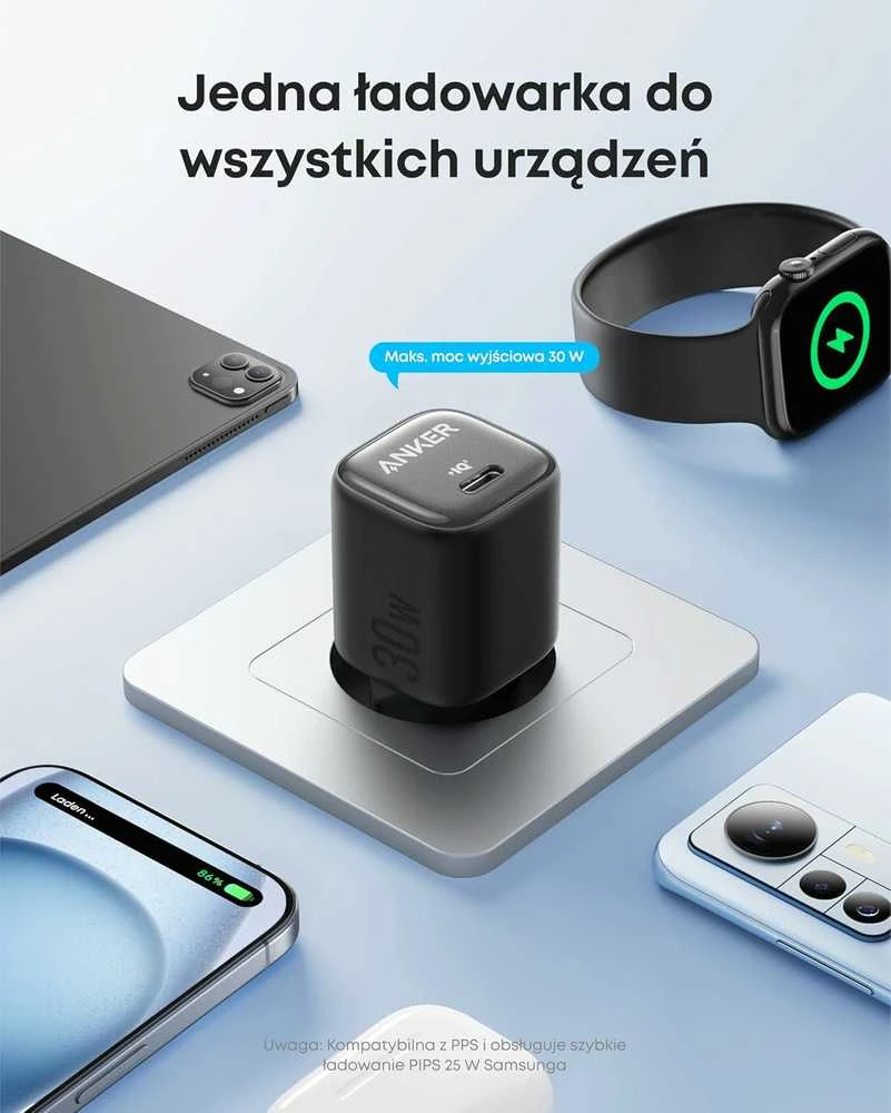Anker 30 W GaN USB-C sieninis įkroviklis su 0,9 m USB-C laidu, juodas