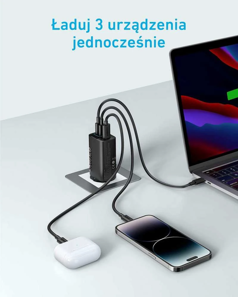 Anker 335 USB-C sieninis įkroviklis 67 W, 3 lizdai (2x USB-C, 1x USB-A) su kabeliu 1,5 m