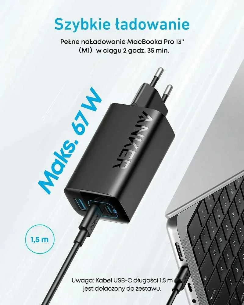 Anker 335 USB-C sieninis įkroviklis 67 W, 3 lizdai (2x USB-C, 1x USB-A) su kabeliu 1,5 m