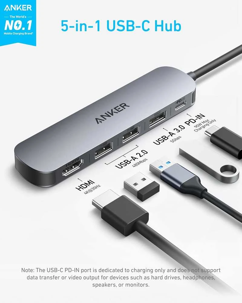 Anker 5-i-1 USB-C hub su 4K 30Hz HDMI, 100W Power Delivery ir USB-A/USB-C prievadais A8357