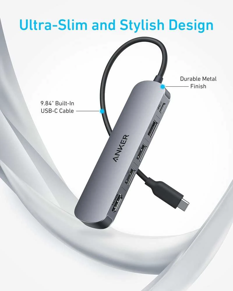 Anker 5-i-1 USB-C hub su 4K 30Hz HDMI, 100W Power Delivery ir USB-A/USB-C prievadais A8357