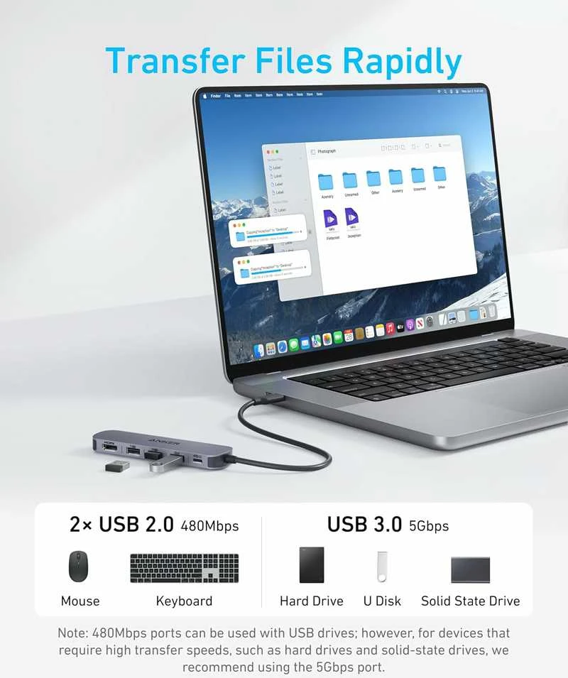 Anker 5-i-1 USB-C hub su 4K 30Hz HDMI, 100W Power Delivery ir USB-A/USB-C prievadais A8357