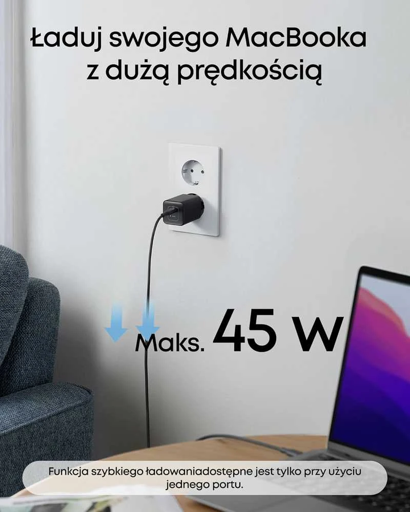 Anker 523 Nano 3 USB-C 47 W dviejų lizdų GaN sieninis įkroviklis, baltas