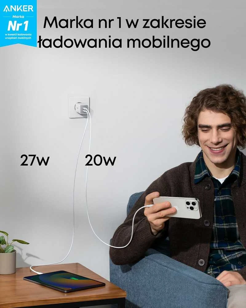 Anker 523 Nano 3 USB-C 47 W dviejų lizdų GaN sieninis įkroviklis, baltas