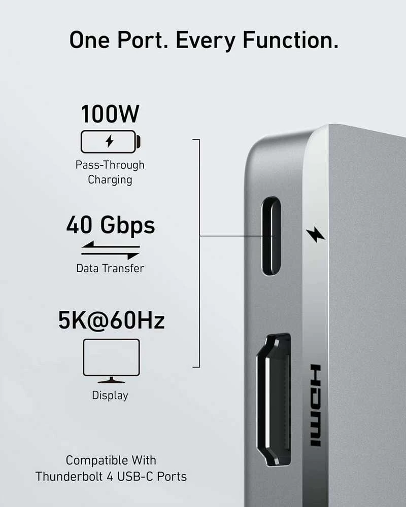 Anker 547 USB-C 7‑in‑2 hubas su HDMI 4K 60 Hz, 100 W PD, skirtas MacBook
