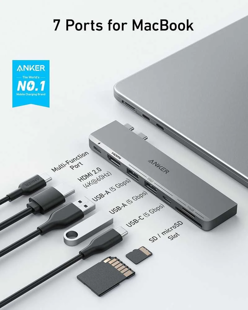 Anker 547 USB-C 7‑in‑2 hubas su HDMI 4K 60 Hz, 100 W PD, skirtas MacBook